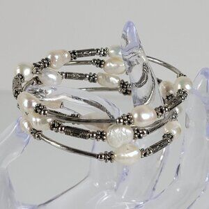 White Freshwater Pearl Silver Tone Coil Wrap Bracelet 6.5" Expandable